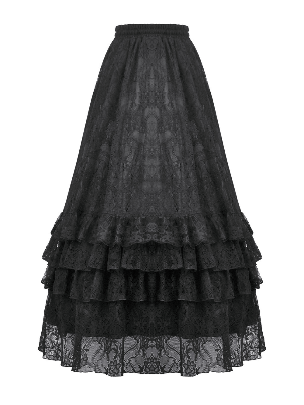 Lace Layered Skirt with Drawstring Waist and Ruffled Hem in black with tiered design and ruffle details.