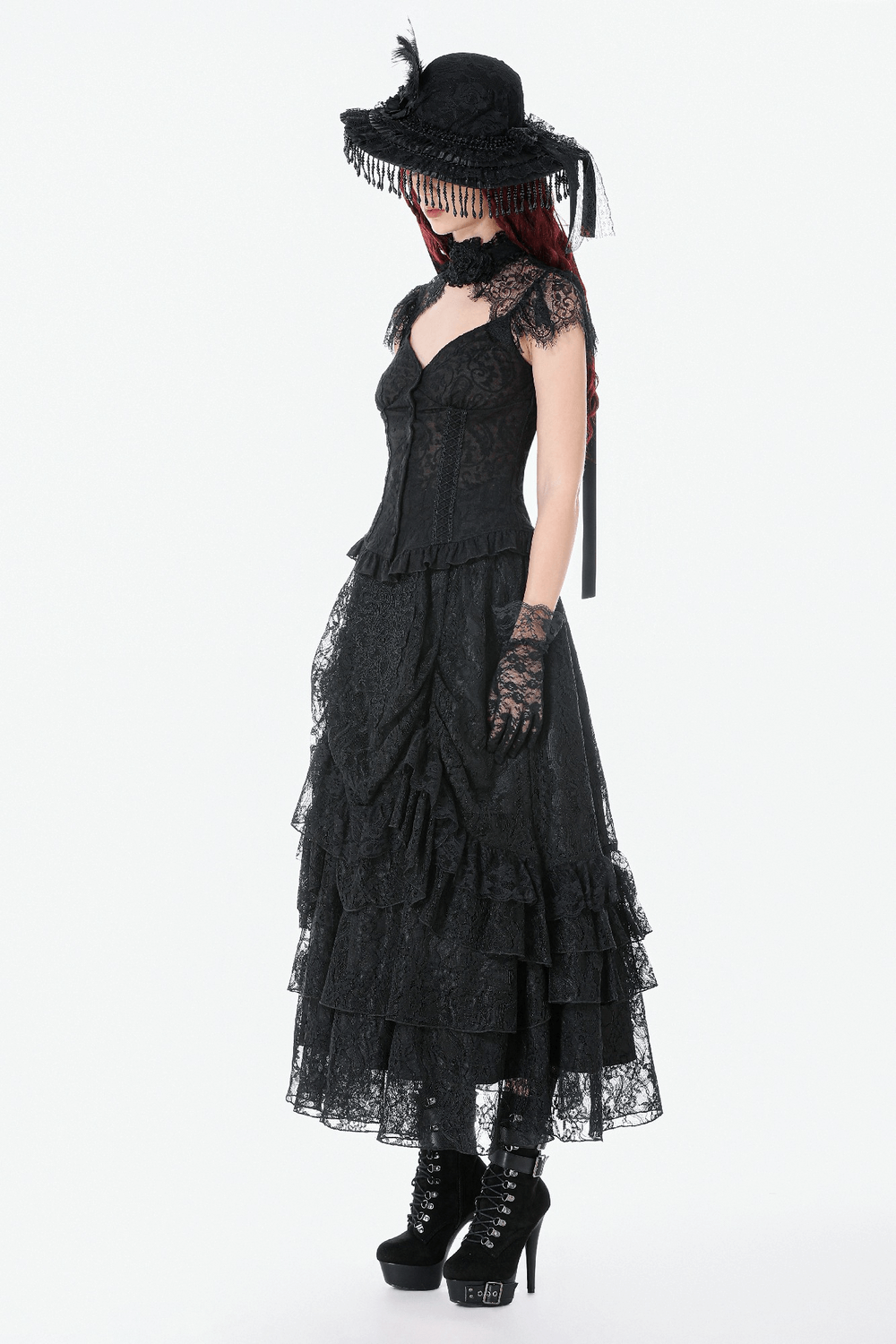 Lace Layered Skirt with Drawstring Waist and Ruffled Hem styled with gothic accessories for a dramatic look.