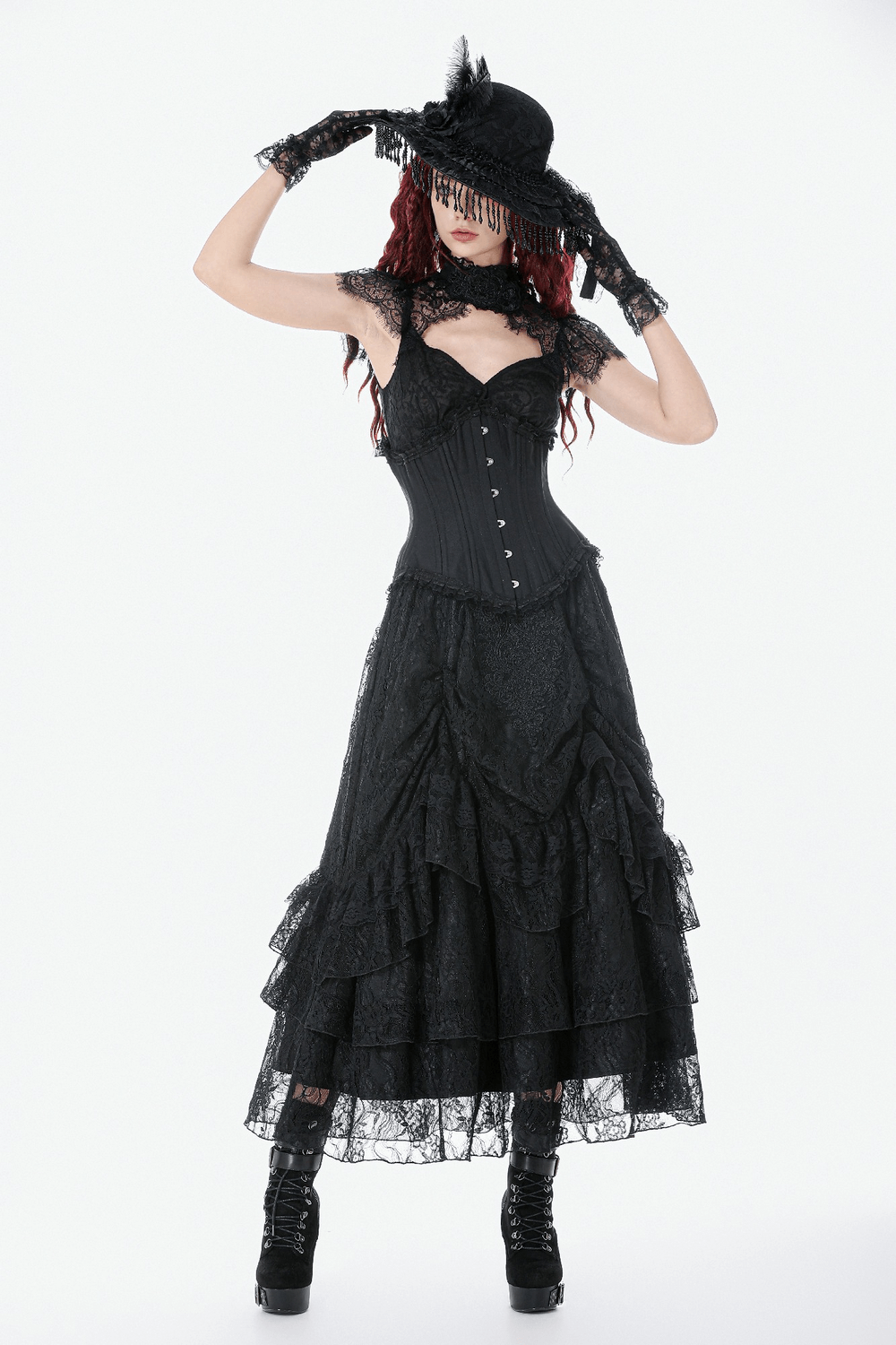 Lace Layered Skirt with Drawstring Waist and Ruffled Hem styled in gothic fashion with corset and hat.