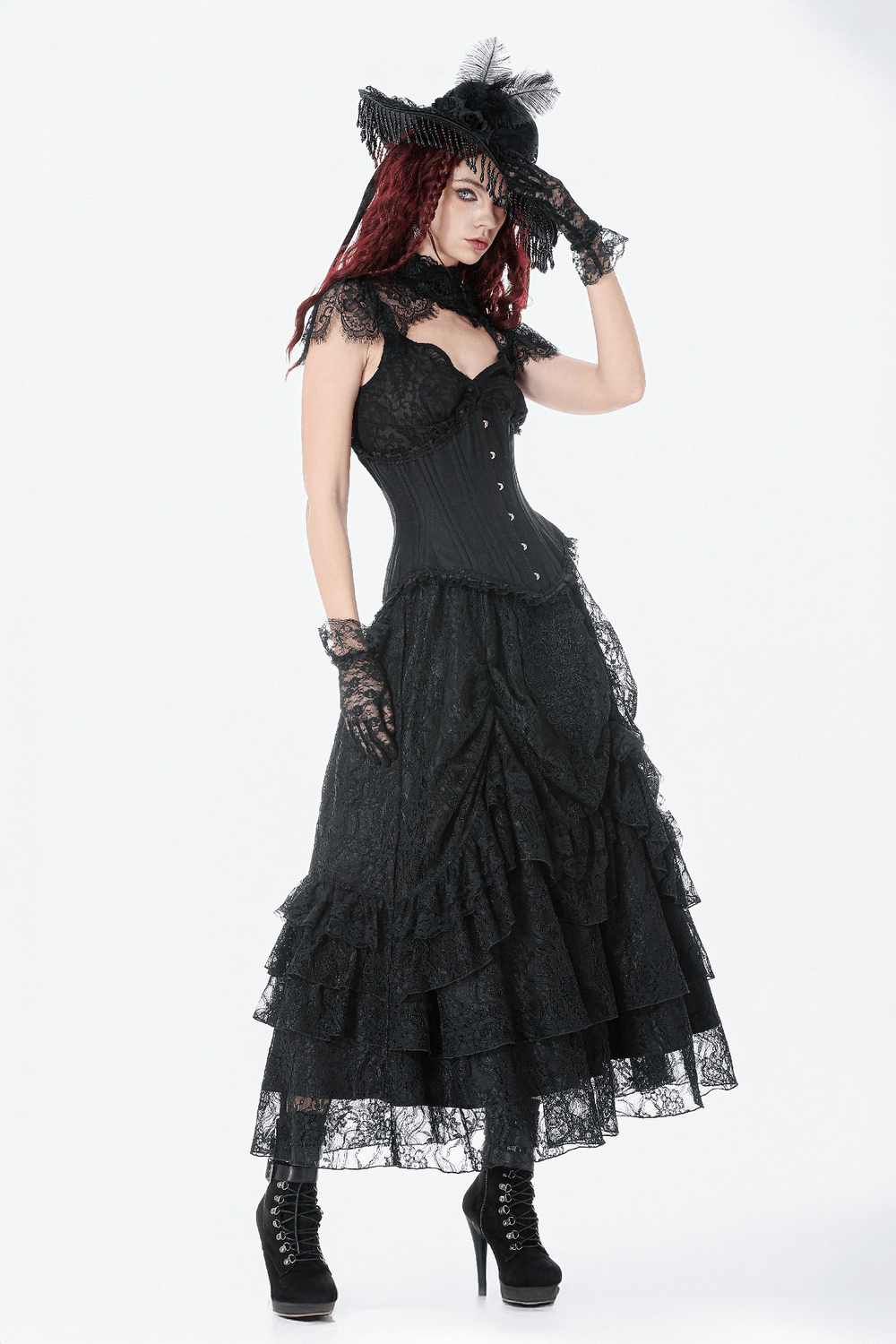 Lace Layered Skirt with Drawstring Waist and Ruffled Hem worn with a dramatic black corset and gothic accessories.