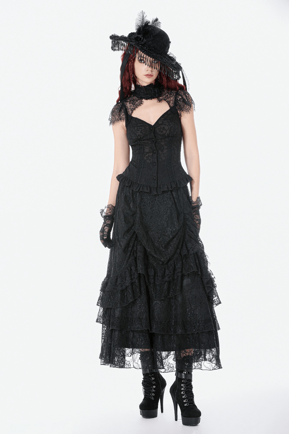 Lace Layered Skirt with Drawstring Waist and Ruffled Hem worn by model in gothic style.