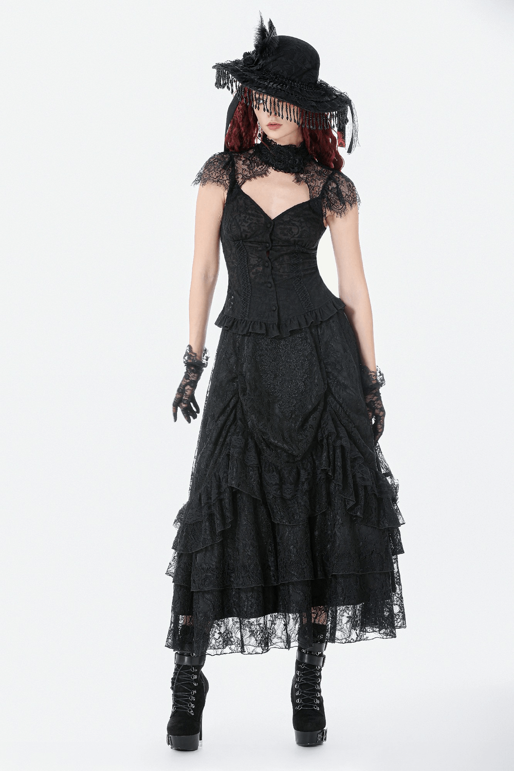 Lace Layered Skirt with Drawstring Waist and Ruffled Hem displayed in a gothic outfit, featuring lace layers and dramatic frills.