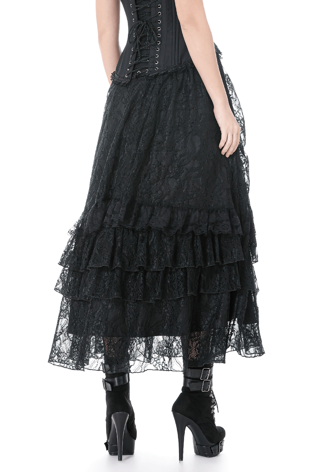 Lace Layered Skirt with Drawstring Waist and Ruffled Hem showcasing the back view with tiers and ruffles.