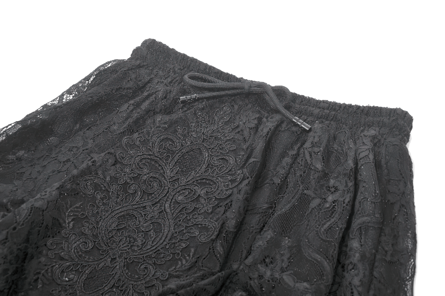 Lace Layered Skirt with Drawstring Waist and Ruffled Hem featuring delicate black lace and a comfortable elastic waistband.
