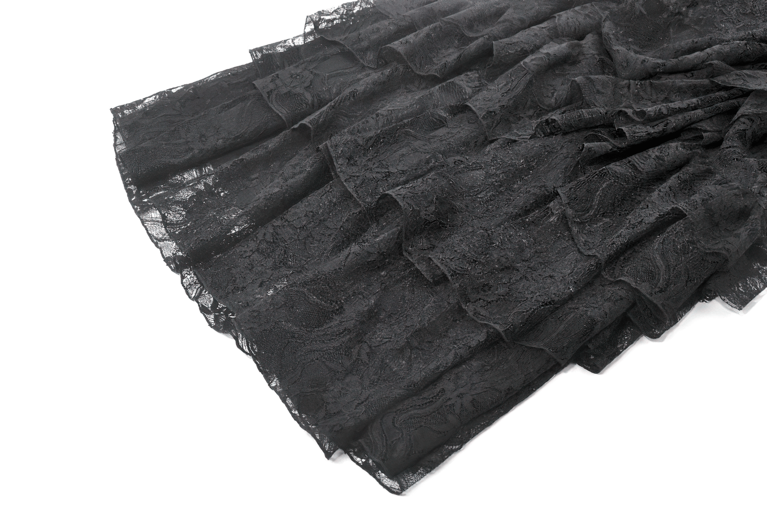 Lace Layered Skirt with Drawstring Waist and Ruffled Hem in black with intricate lace texture and ruffled design