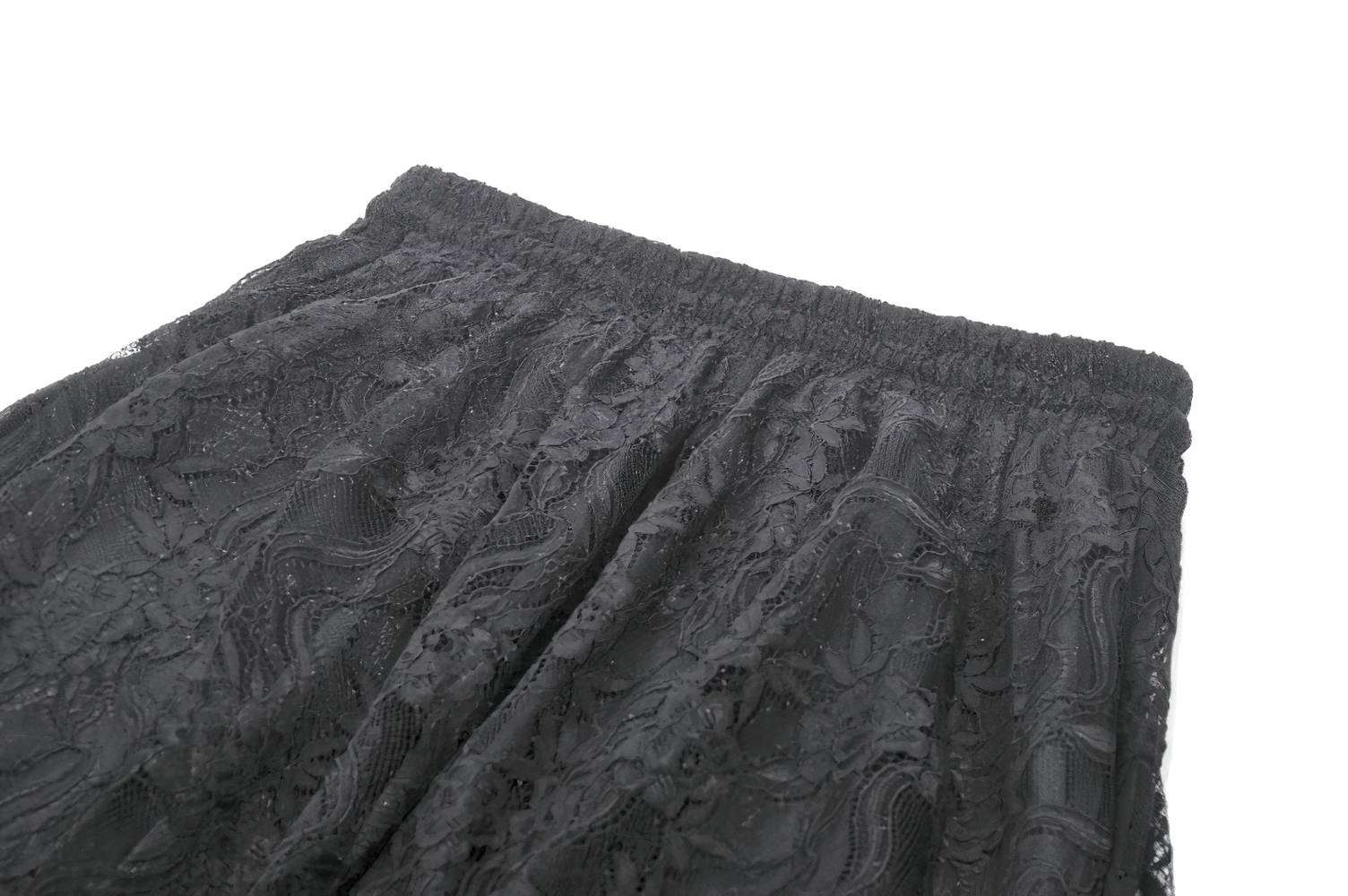 Lace Layered Skirt with Drawstring Waist and Ruffled Hem close-up showing elastic waistband and intricate lace detail.