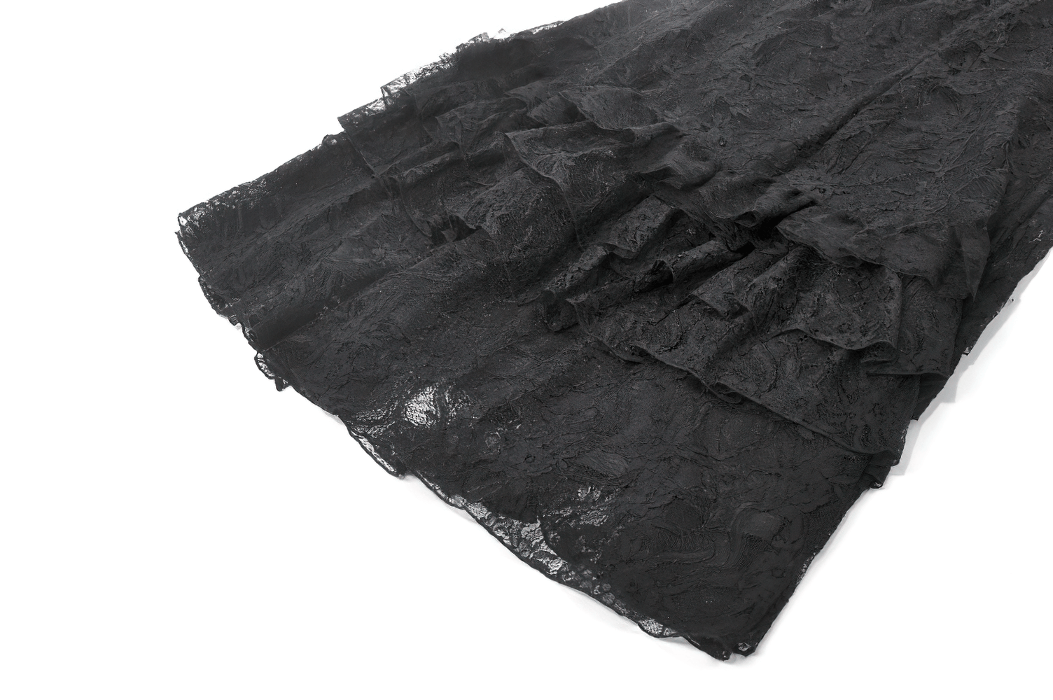 Lace Layered Skirt with Drawstring Waist and Ruffled Hem showcasing intricate lace and layered design in black.