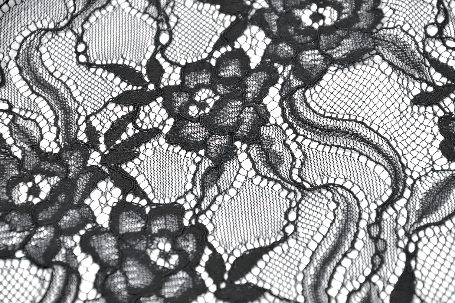 Lace Layered Skirt with Drawstring Waist and Ruffled Hem fabric design featuring intricate black floral lace pattern.