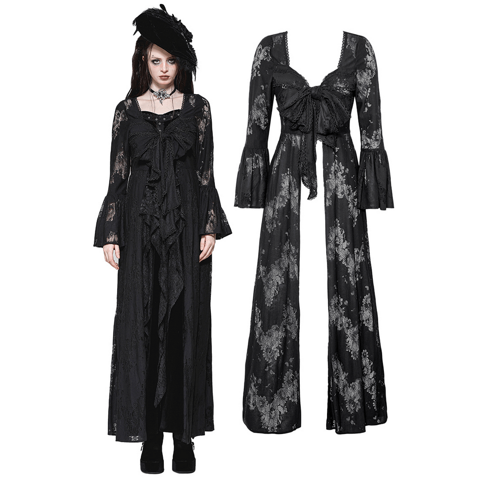Elegant black lace long-sleeved cape with floral patterns and bell sleeves, complete with a stylish bow tie.
