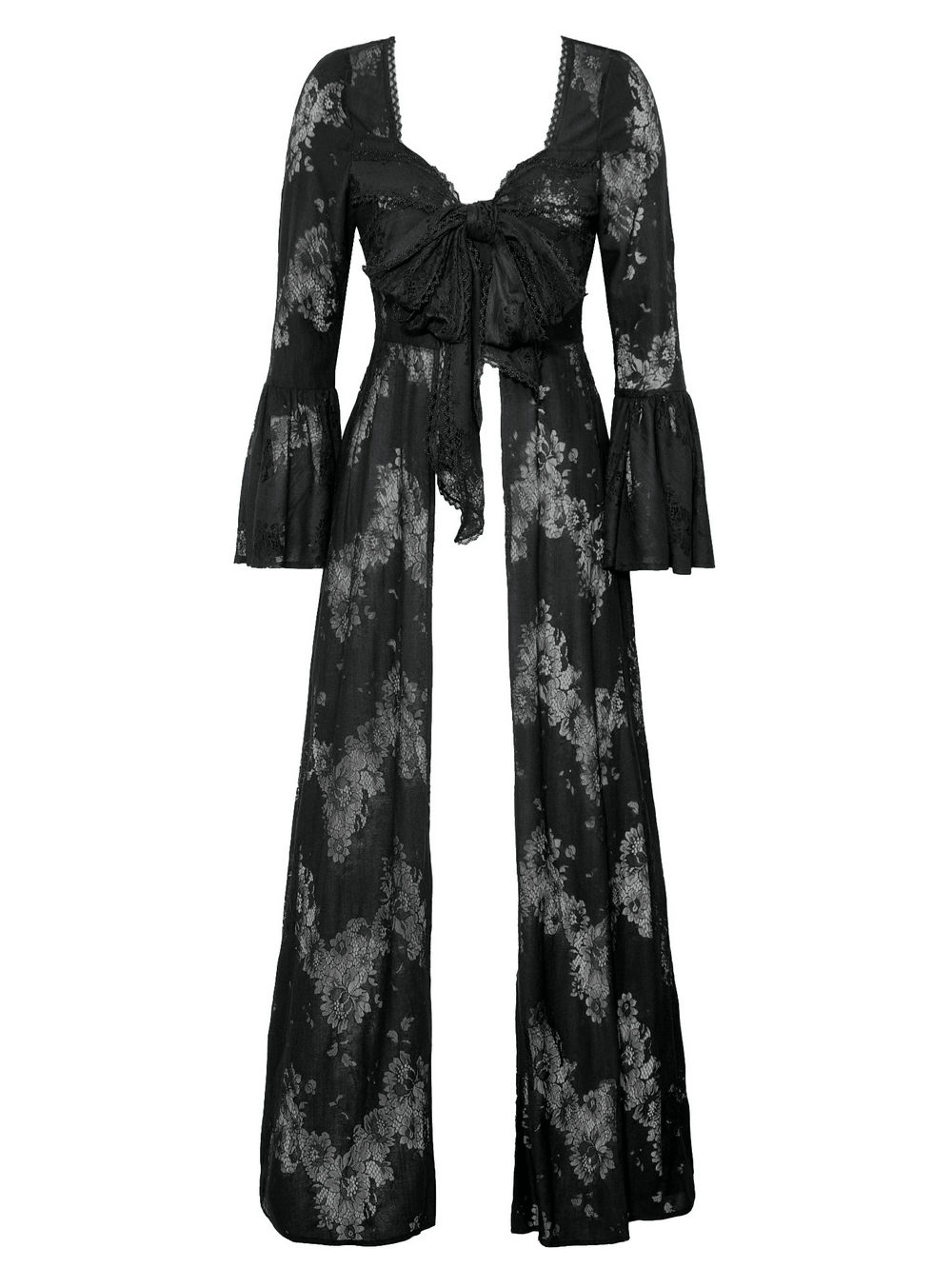 Elegant black lace cape with floral pattern, bell sleeves, and bow tie for gothic fashion lovers.
