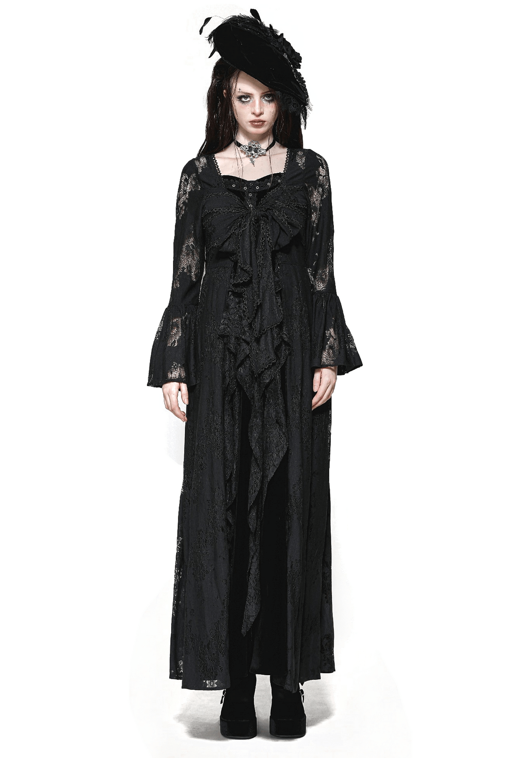 Elegant black lace long-sleeved cape with floral patterns and bow tie for gothic fashion lovers.