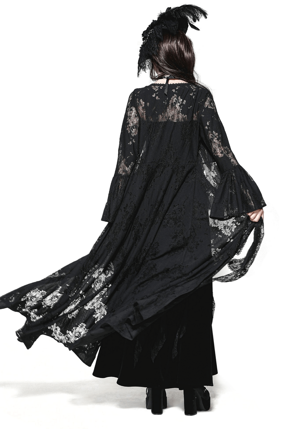 Elegant black lace cape with bell sleeves and floral patterns, perfect for gothic fashion lovers.