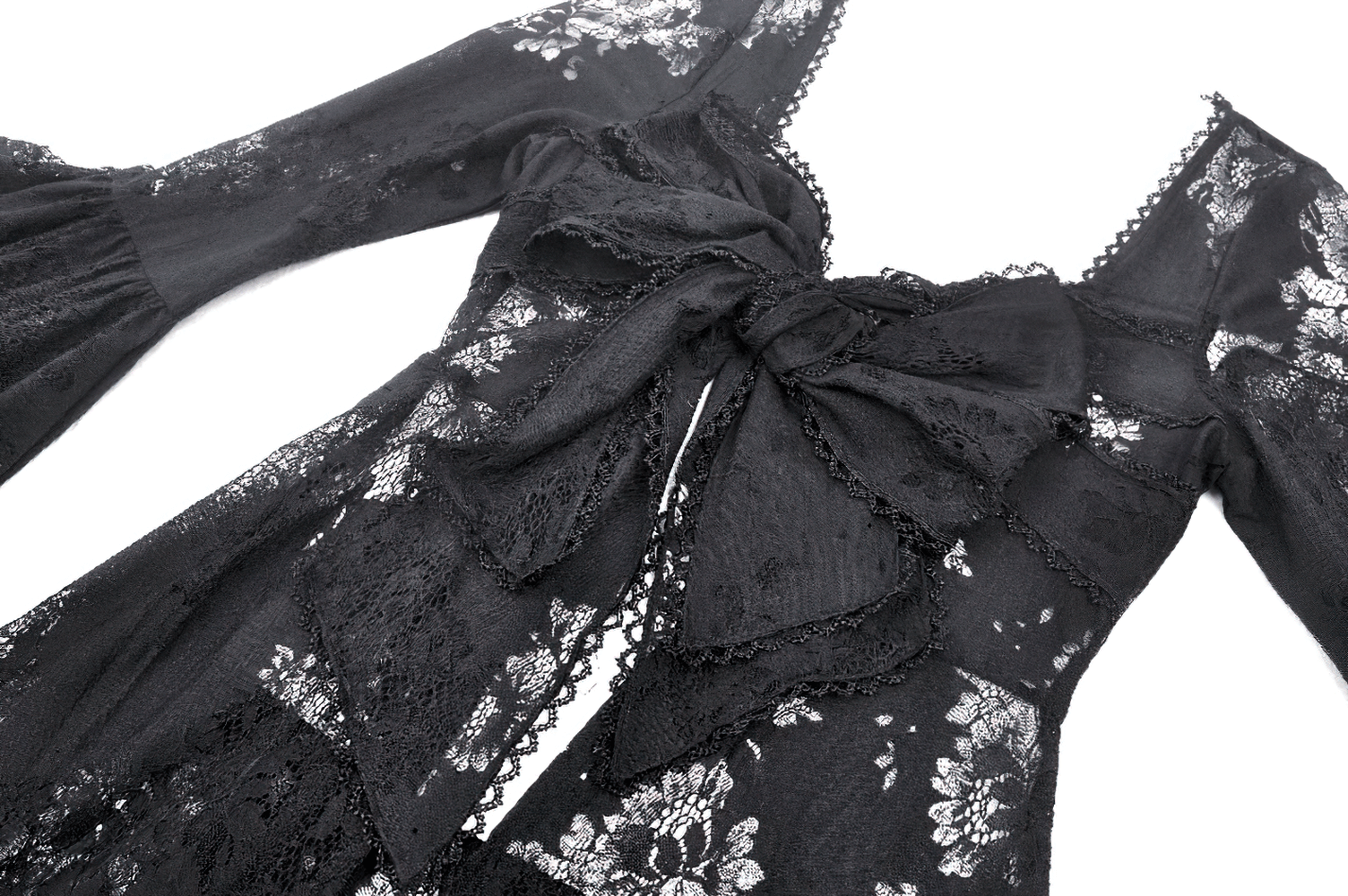 Elegant black lace cape with floral pattern and bell sleeves, featuring a dramatic bow tie detail.