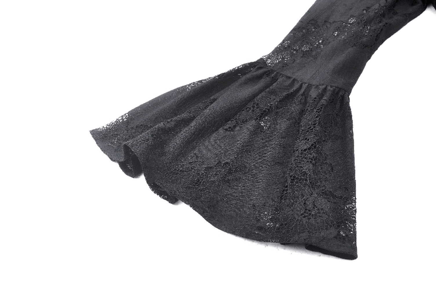 Elegant black lace bell sleeve showcasing intricate floral patterns and gothic charm, perfect for alternative fashion.