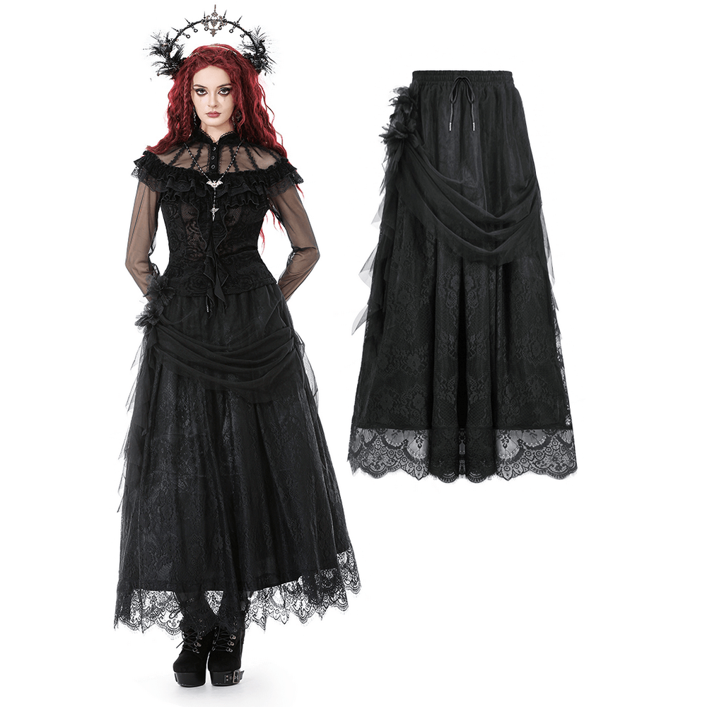 Lace Maxi Skirt with Sheer Mesh Layers and Floral Trim worn by a model showcasing gothic elegance and mystery.