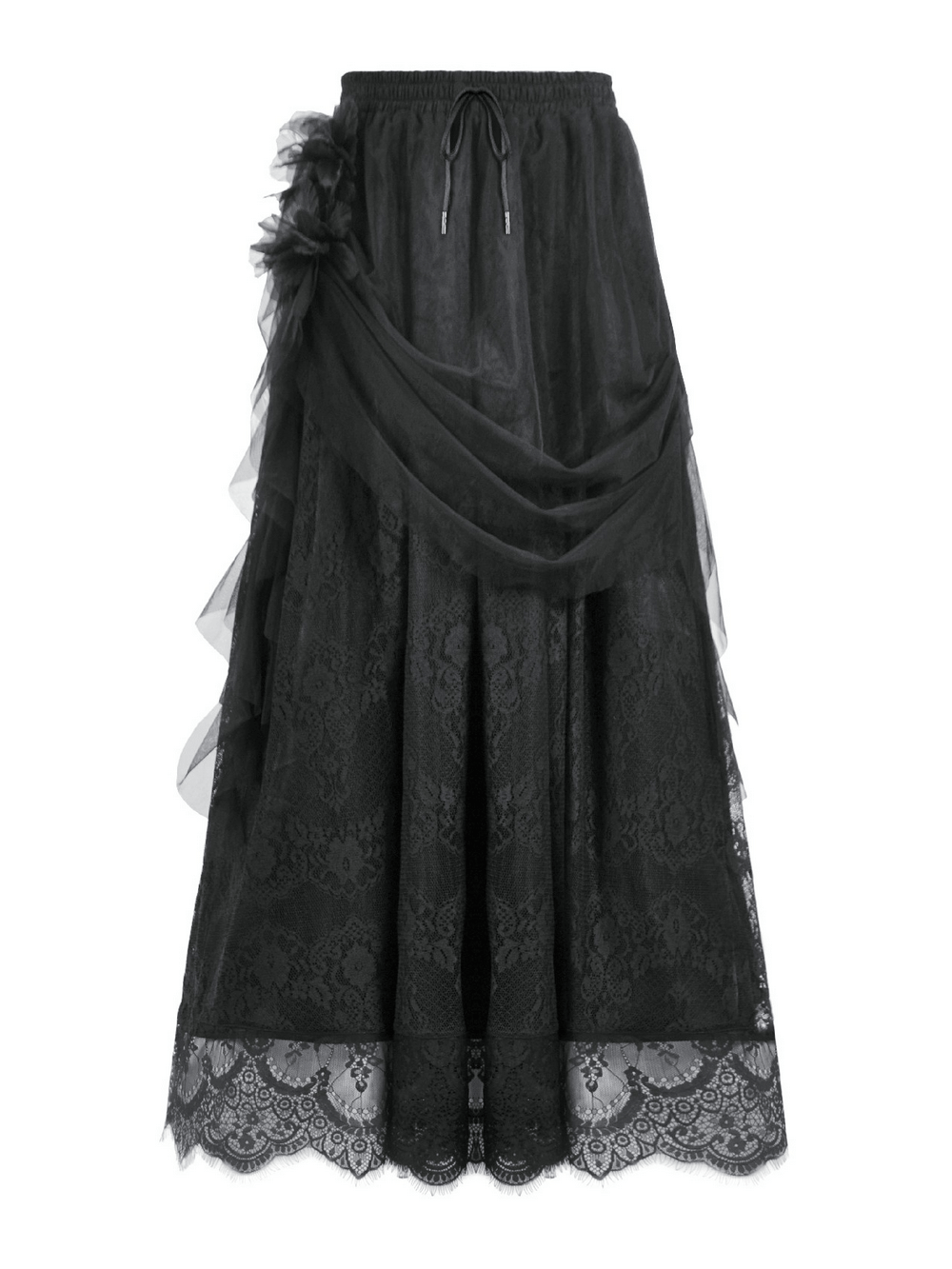 Lace Maxi Skirt with Sheer Mesh Layers and Floral Trim showcasing a gothic lace design and tulle drapes.