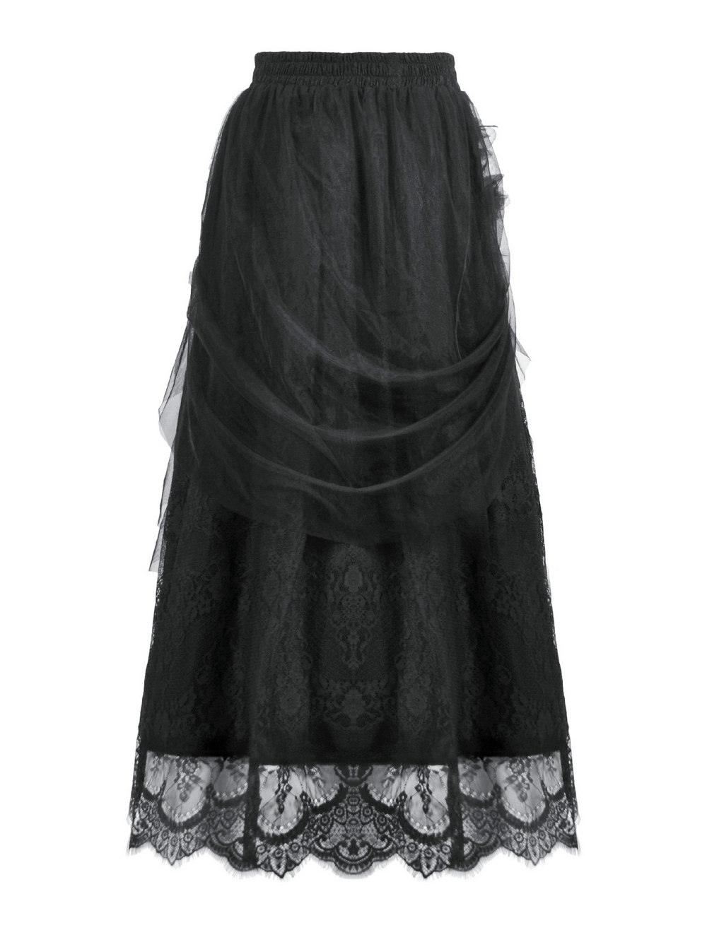Lace Maxi Skirt with Sheer Mesh Layers and Floral Trim featuring layered tulle and lace for gothic elegance.