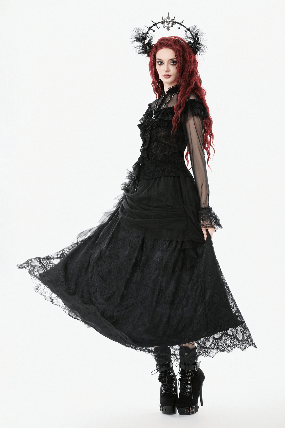 Lace Maxi Skirt with Sheer Mesh Layers and Floral Trim worn by model in gothic attire, showcasing elegant flowing design.