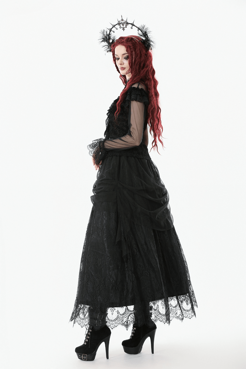 Lace Maxi Skirt with Sheer Mesh Layers and Floral Trim worn by model with dark gothic styling.