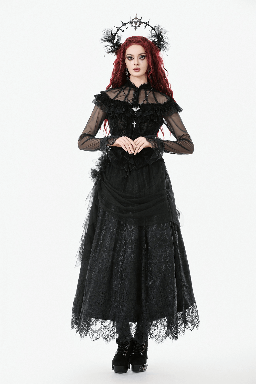 Lace Maxi Skirt with Sheer Mesh Layers and Floral Trim worn by a model with dark gothic aesthetic.