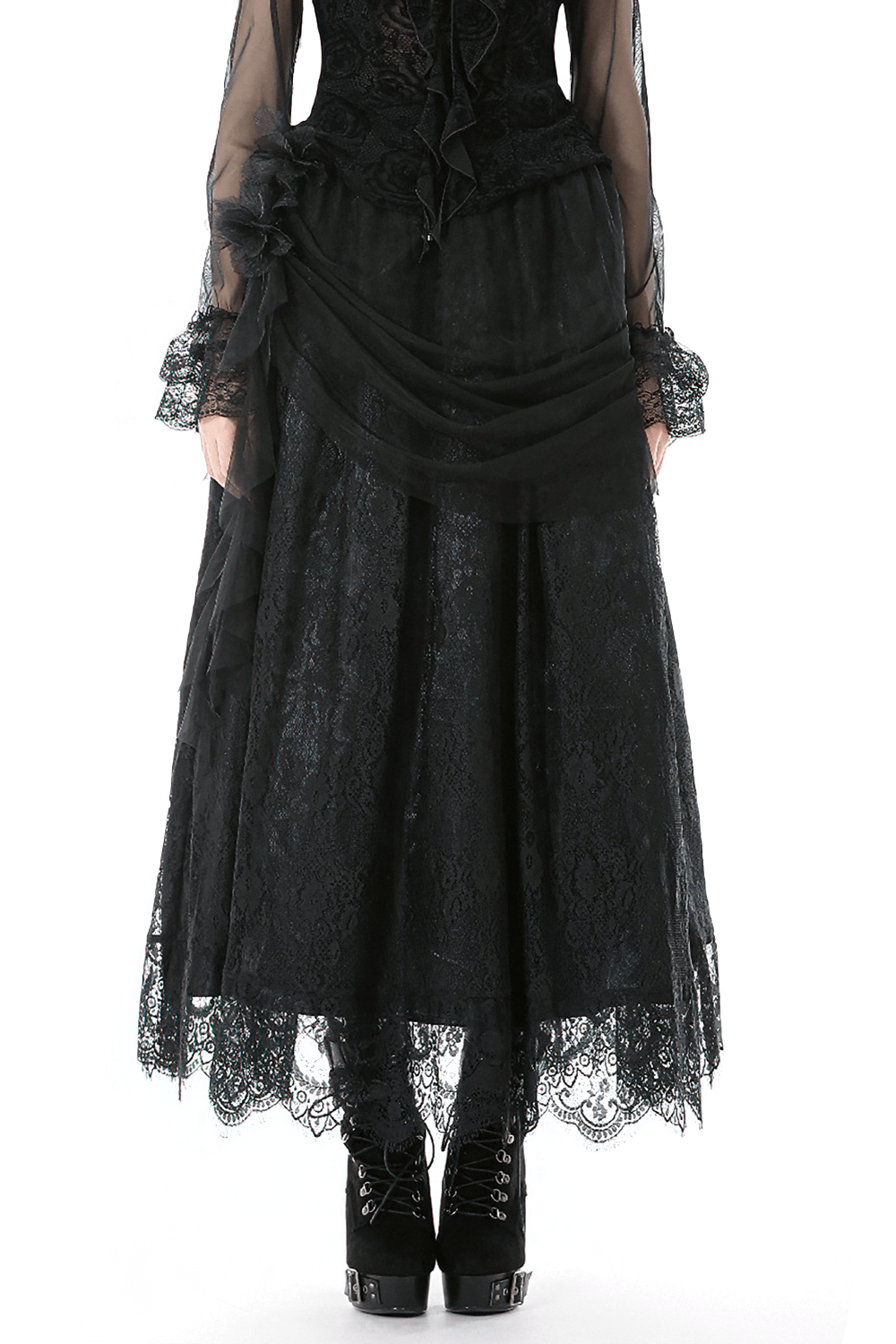 Lace Maxi Skirt with Sheer Mesh Layers and Floral Trim showcased with gothic boots.