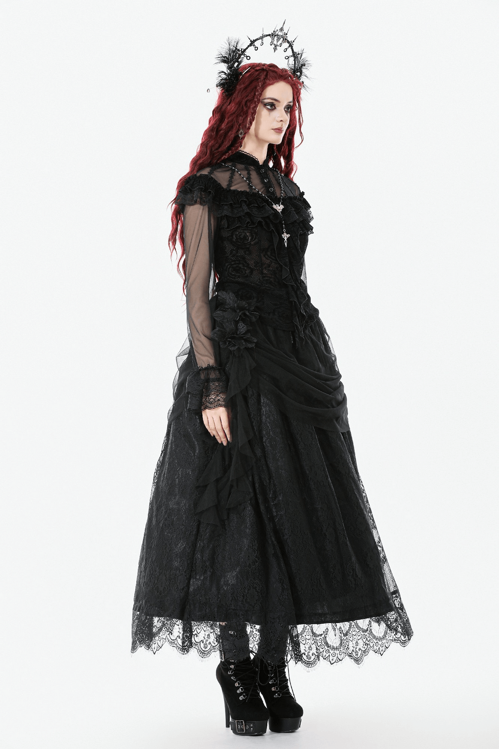 Lace Maxi Skirt with Sheer Mesh Layers and Floral Trim worn by model in gothic fashion.