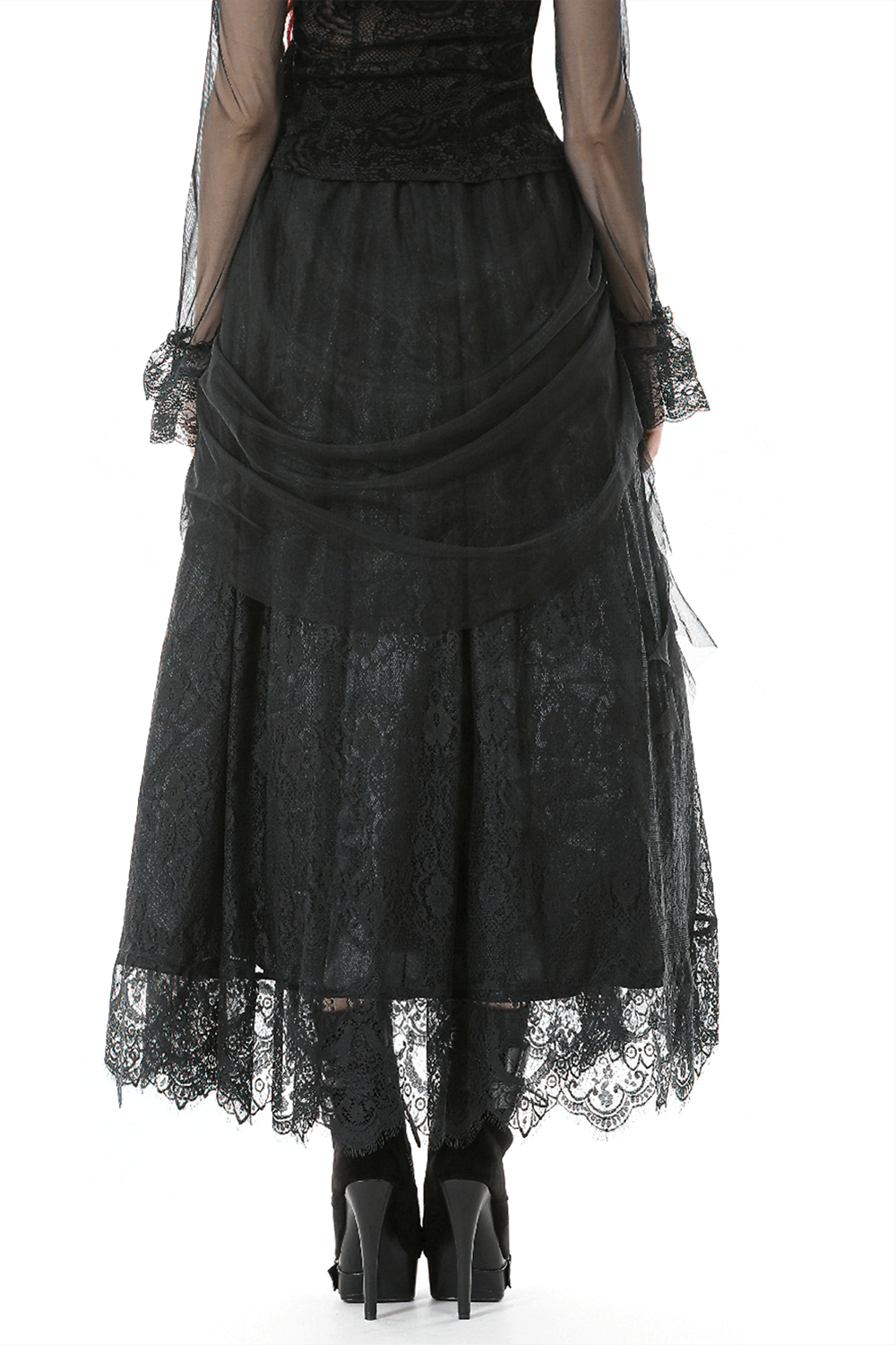 Lace Maxi Skirt with Sheer Mesh Layers and Floral Trim, showcasing a flowing silhouette and Victorian-inspired lace design.