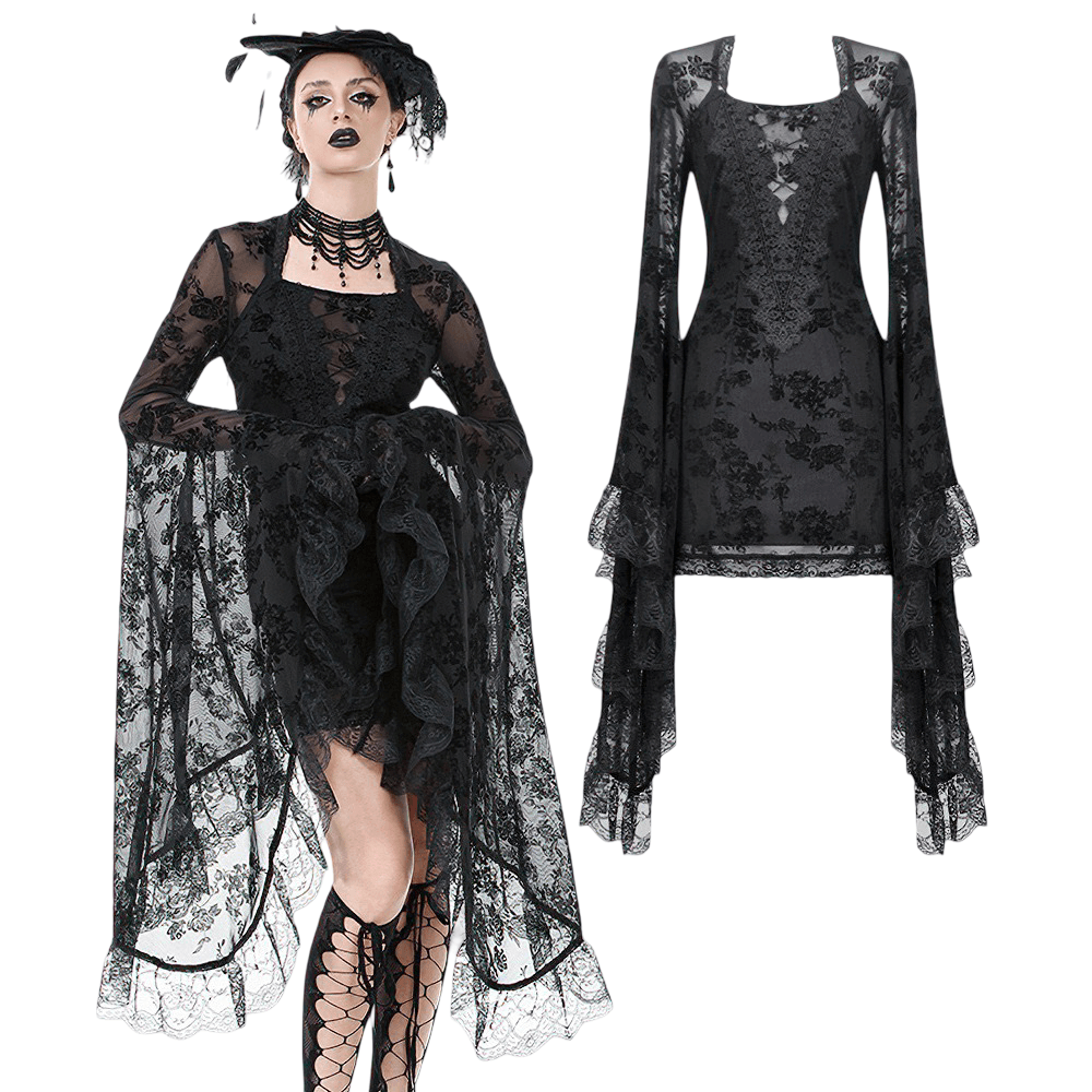 Lace Mini Dress with Bell Sleeves and Back Lace-up Design, featuring dark floral lace and flowing sleeves for a gothic look.