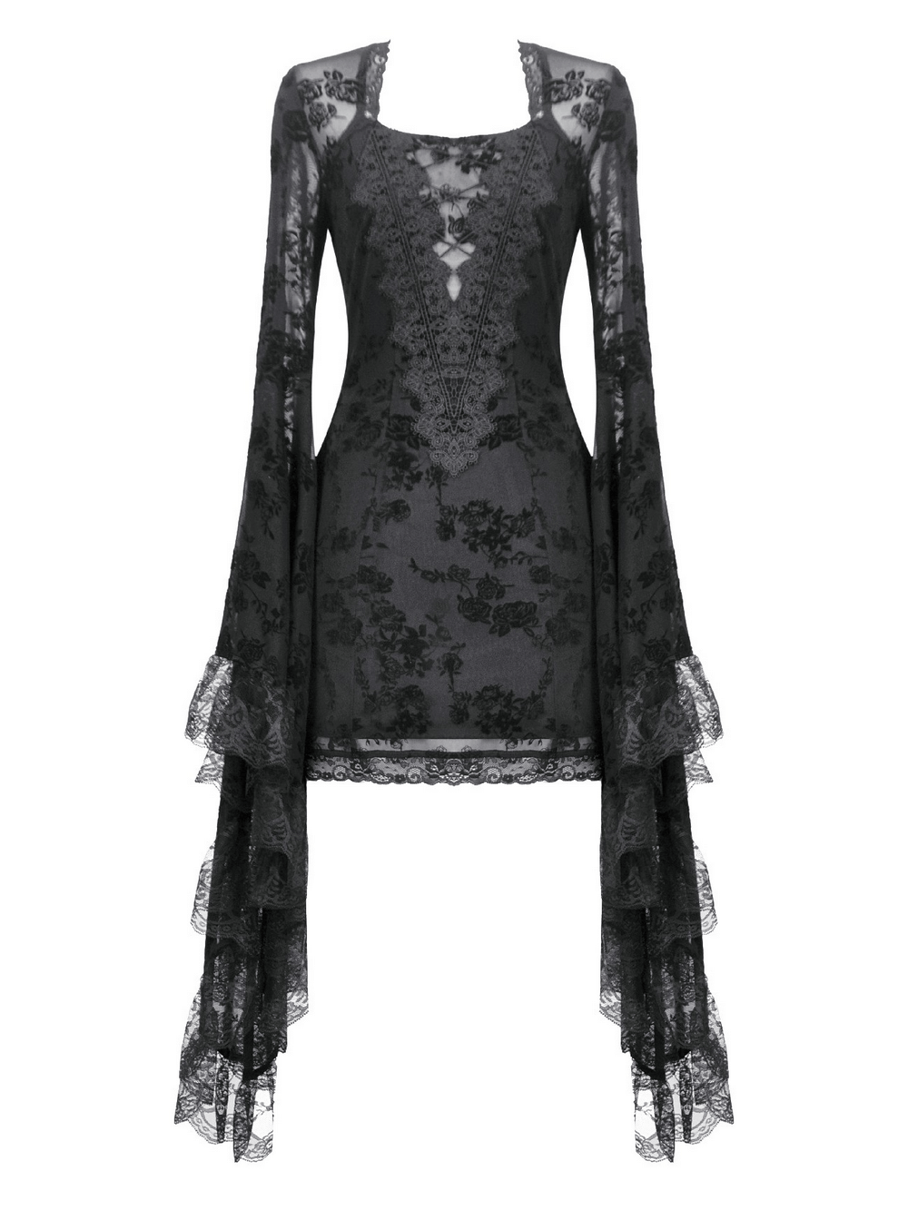 Lace Mini Dress with Bell Sleeves and Back Lace-up Design featuring dark floral lace and dramatic bell sleeves.