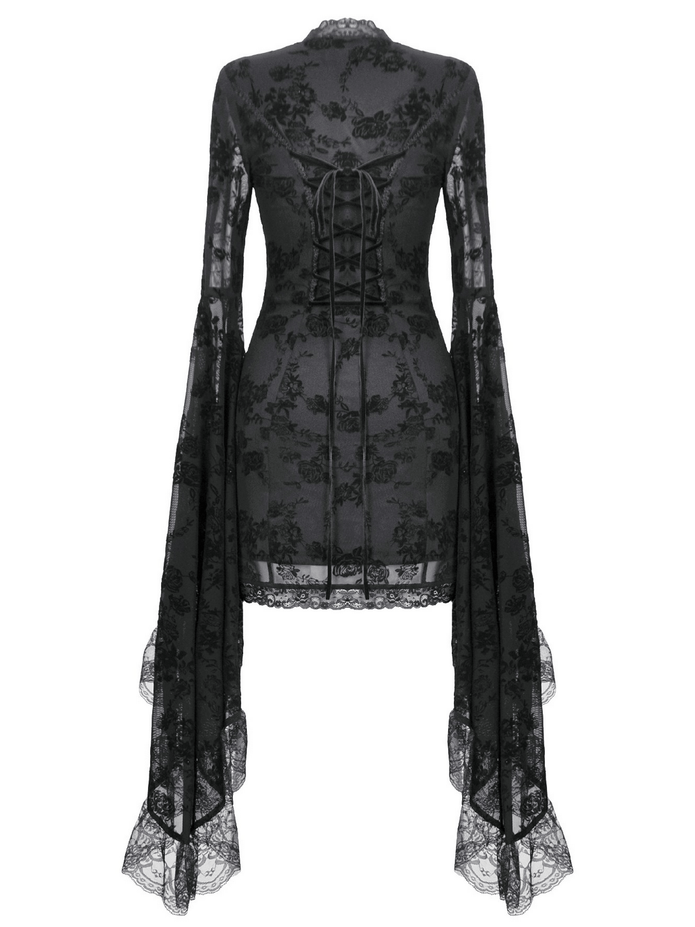 Lace Mini Dress with Bell Sleeves and Back Lace-up Design showcasing dark floral lace and dramatic bell sleeves.