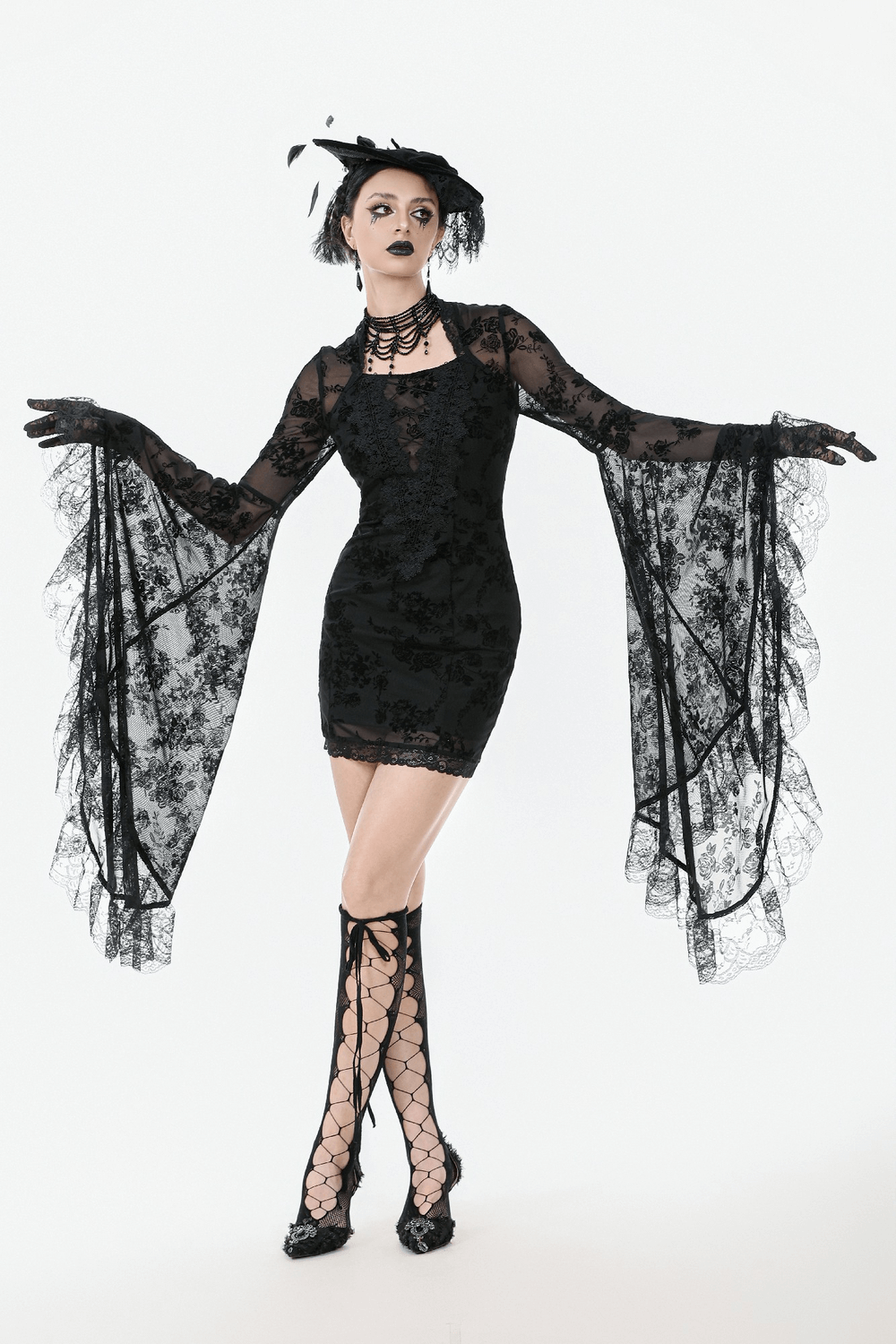 Lace Mini Dress with Bell Sleeves and Back Lace-up Design showcasing dark floral lace and dramatic flowing sleeves.