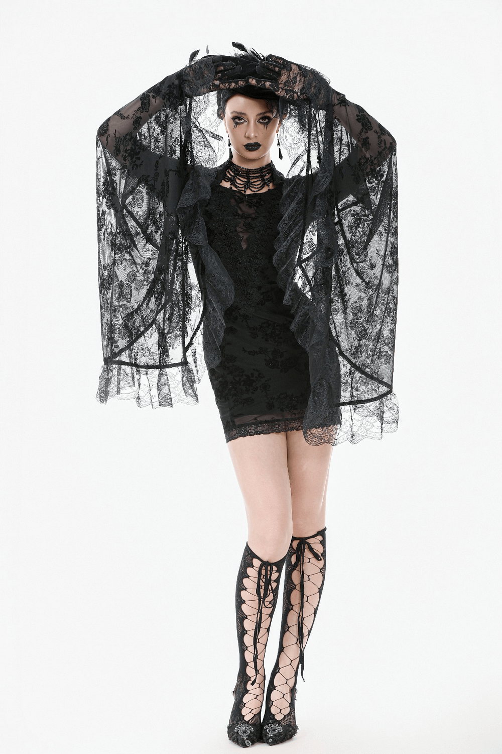 Lace Mini Dress with Bell Sleeves and Back Lace-up Design showcasing gothic elegance and dramatic flair.