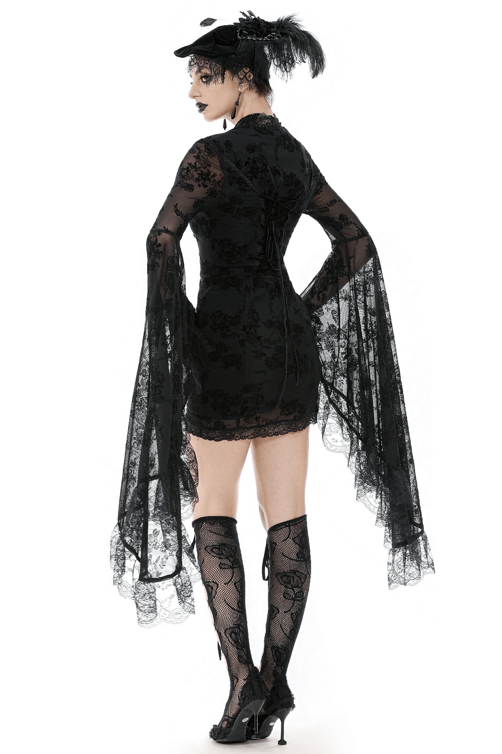 Lace Mini Dress with Bell Sleeves and Back Lace-up Design, featuring dark floral lace and flowing sleeves.