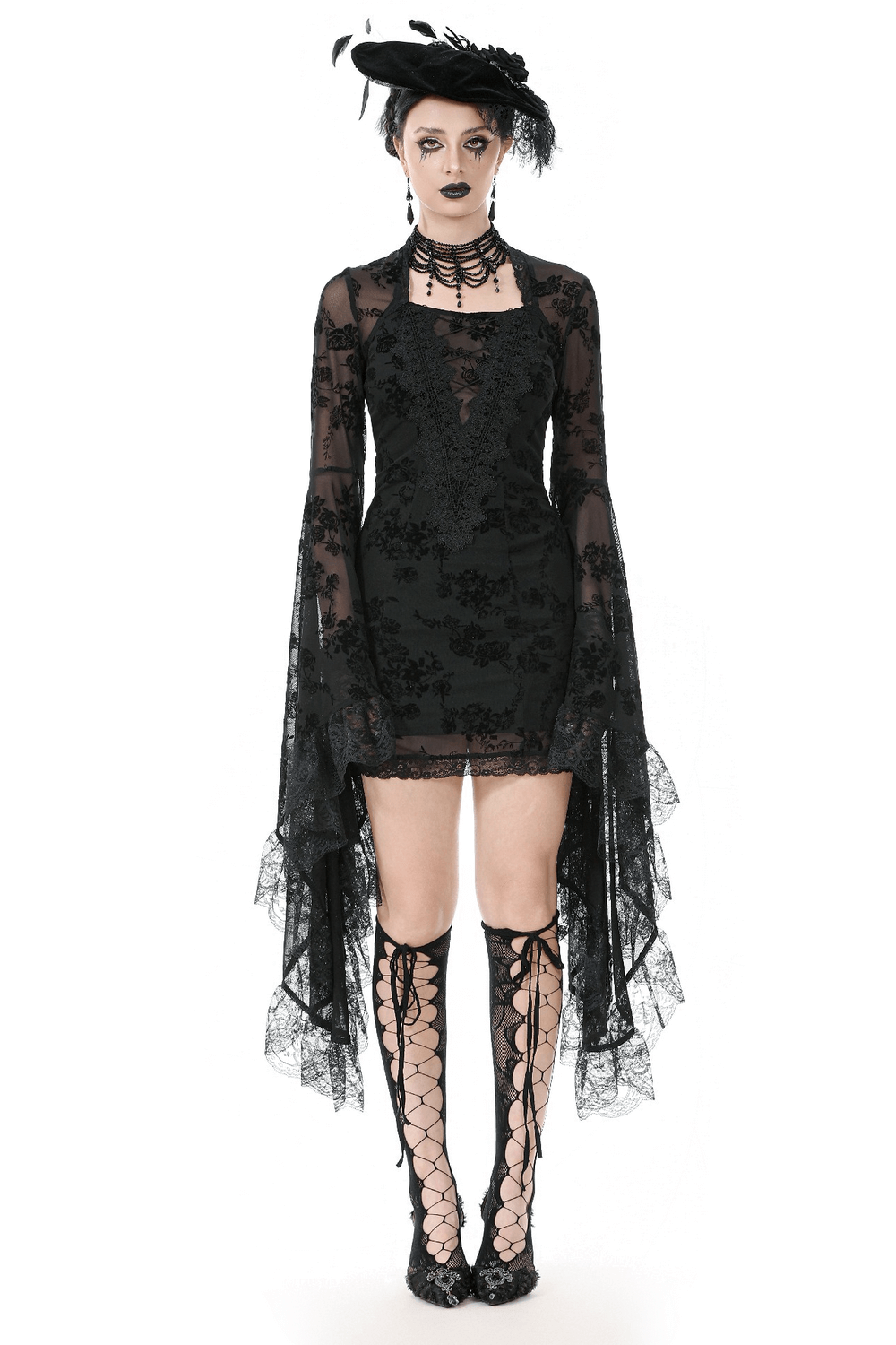 Lace Mini Dress with Bell Sleeves and Back Lace-up Design showcasing dark floral lace and dramatic flowing sleeves.