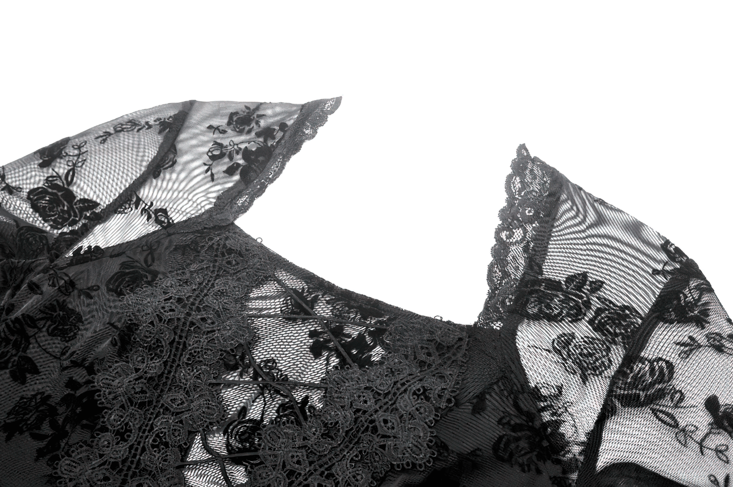 Lace Mini Dress with Bell Sleeves and Back Lace-up Design featuring dark floral lace and intricate detailing.