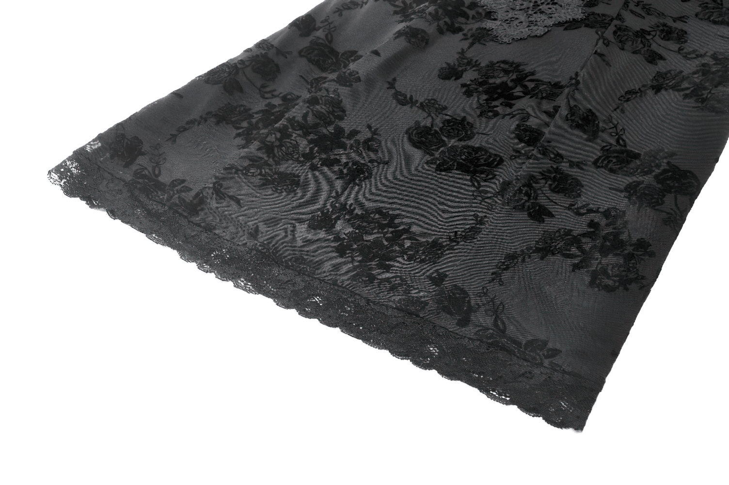 Lace Mini Dress with Bell Sleeves and Back Lace-up Design featuring dark floral lace detail on hemline