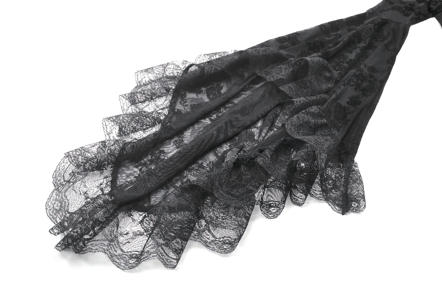 Lace Mini Dress with Bell Sleeves and Back Lace-up Design showing elegant black lace fabric with intricate floral patterns.