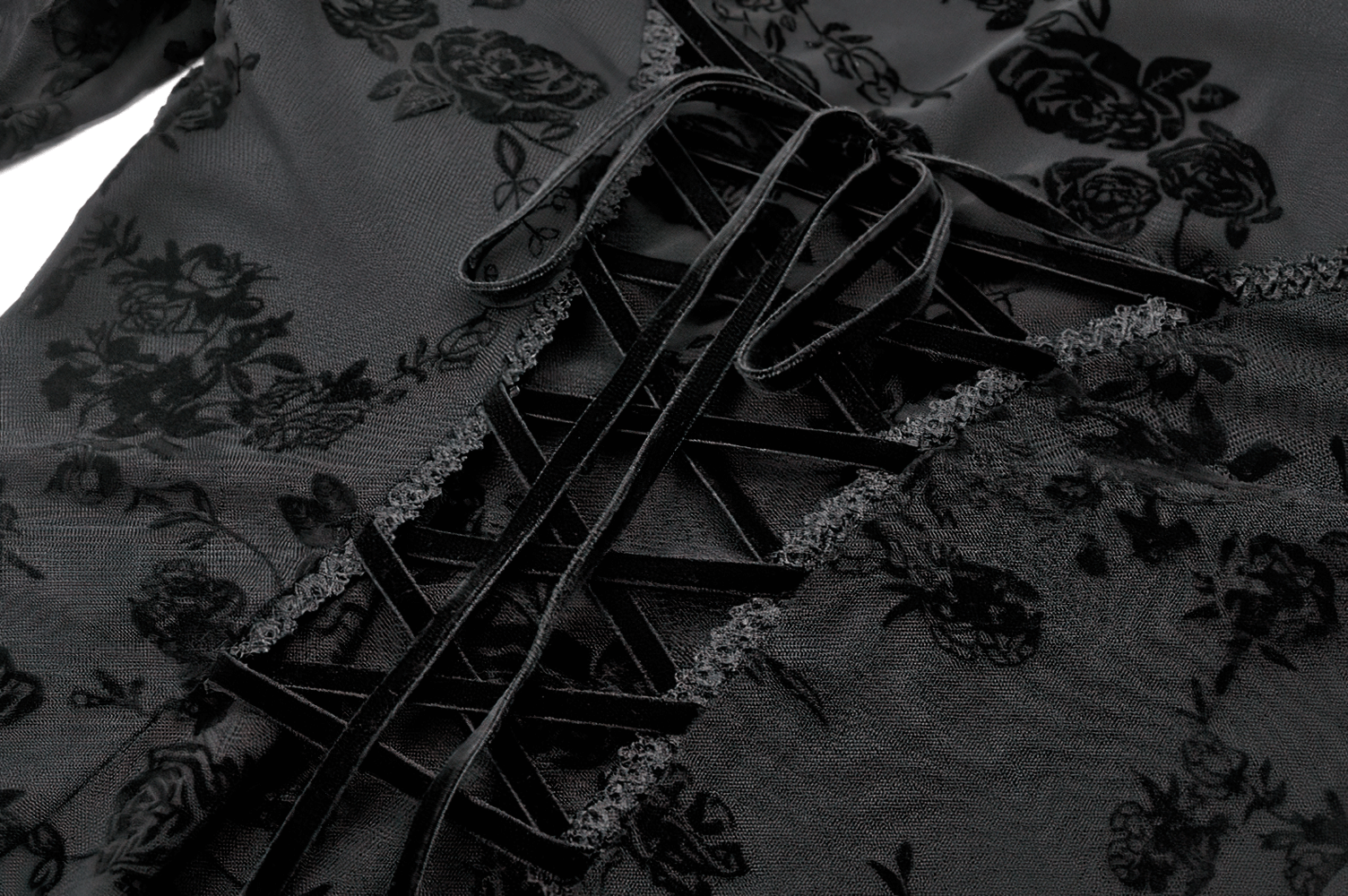 Lace Mini Dress with Bell Sleeves and Back Lace-up Design showcasing intricate lace details and corset-style lacing.