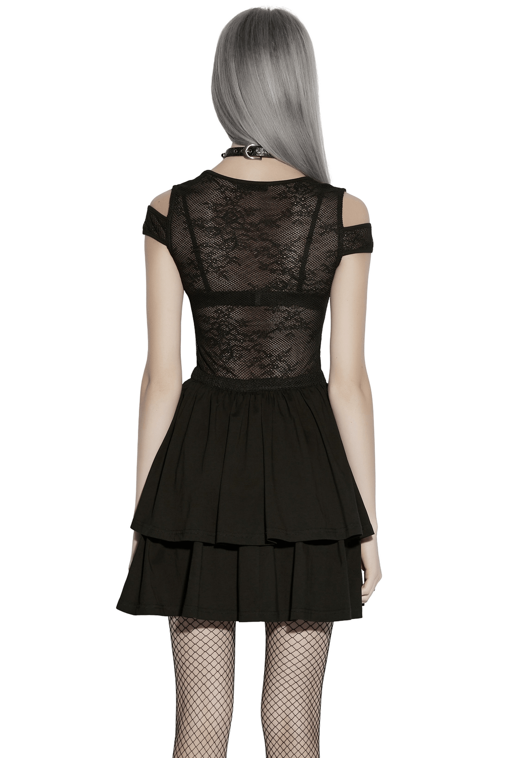 Lace Mini Dress with Mesh Cold Shoulders in Gothic Style Lace Mini Dress with Mesh Cold Shoulders in Gothic Style