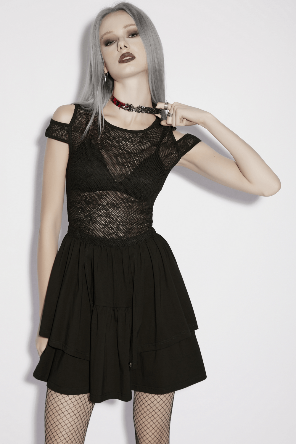 Lace Mini Dress with Mesh Cold Shoulders in Gothic Style, featuring cold shoulders and a tiered skater skirt.