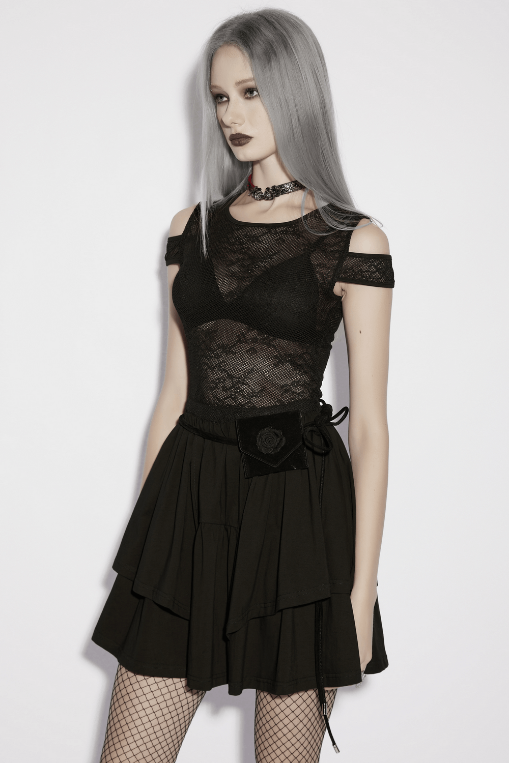 Lace Mini Dress with Mesh Cold Shoulders in Gothic Style showcased on a mannequin with a dark aesthetic.