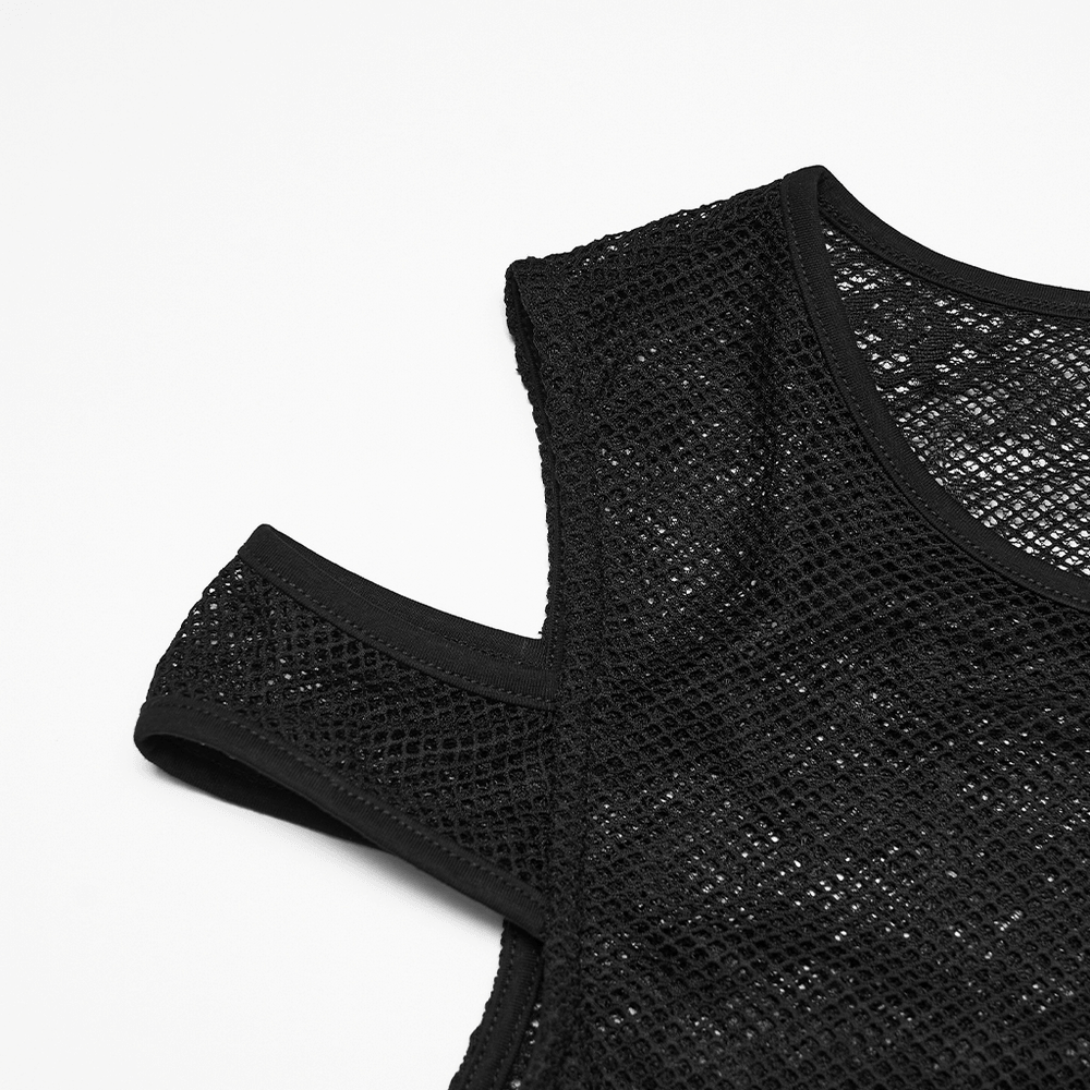 Close-up of the black mesh cold shoulders of the Lace Mini Dress with Mesh Cold Shoulders in Gothic Style.