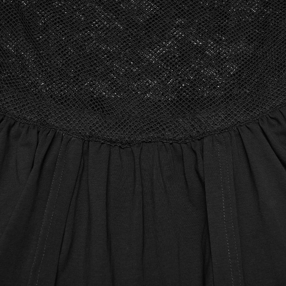 Lace Mini Dress with Mesh Cold Shoulders in Gothic Style showcasing intricate black lace and layered skater skirt.