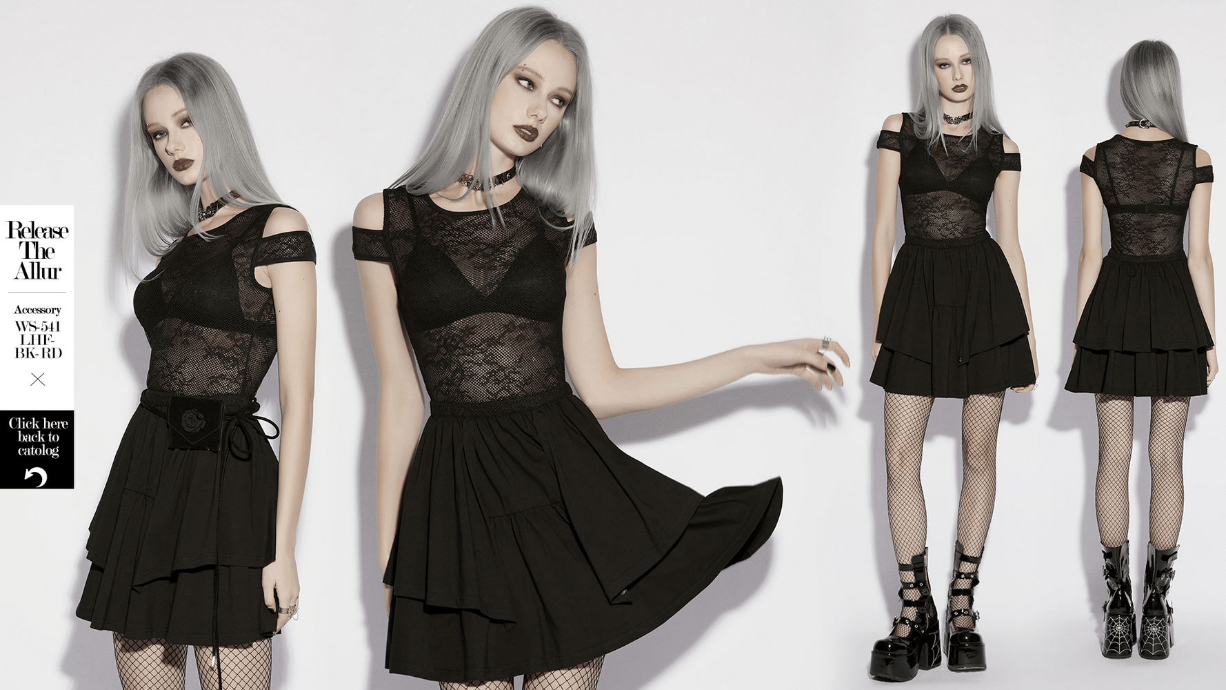 Lace Mini Dress with Mesh Cold Shoulders in Gothic Style on model, showcasing tiered skater skirt and edgy accessories.