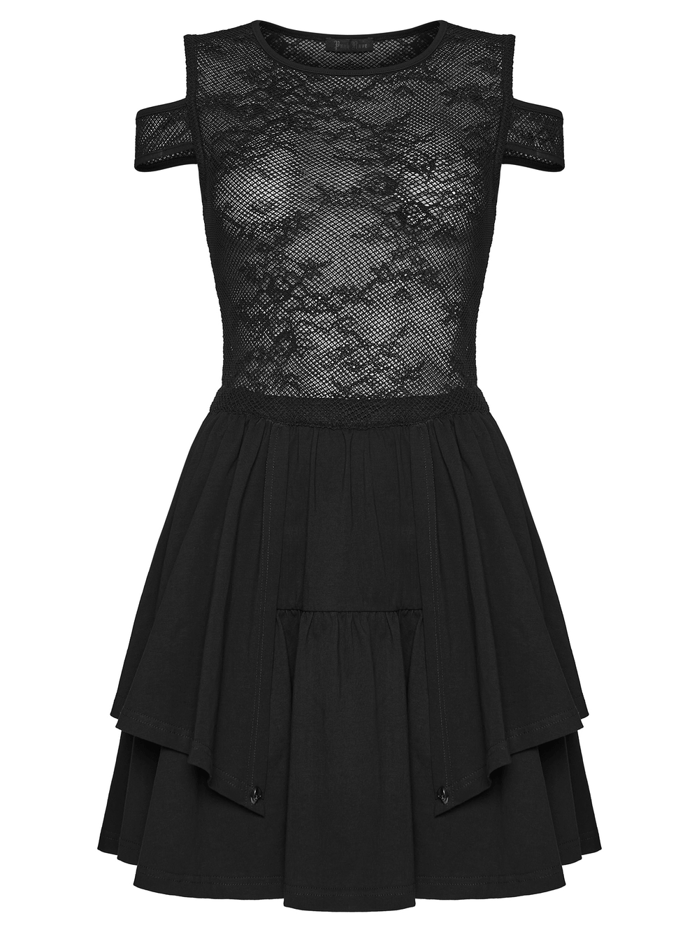 Lace Mini Dress with Mesh Cold Shoulders in Gothic Style featuring a tiered skater skirt and cold-shoulder design.
