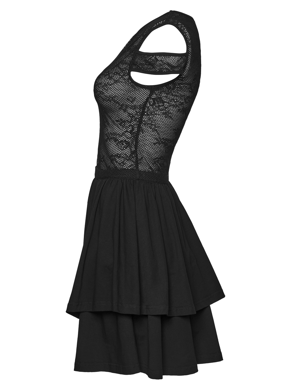 Lace Mini Dress with Mesh Cold Shoulders in Gothic Style featuring a tiered skater skirt and cold-shoulder design.