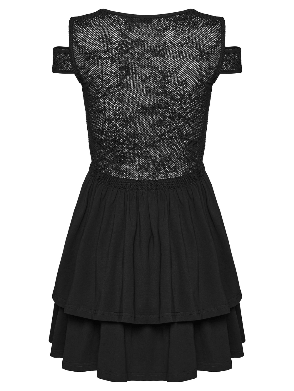 Lace Mini Dress with Mesh Cold Shoulders in Gothic Style, showcasing a cold-shoulder design and layered skater skirt.