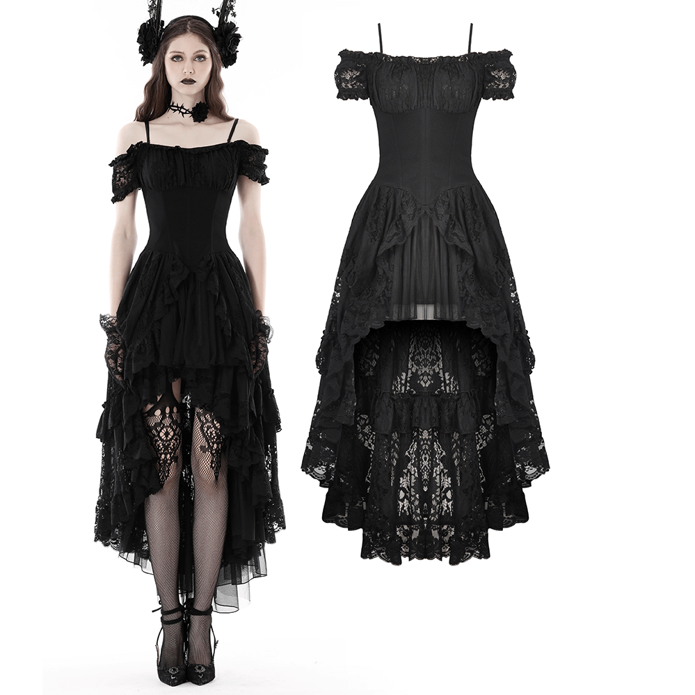 Stunning off-shoulder black lace high-low gothic dress with intricate detailing and layered skirt.