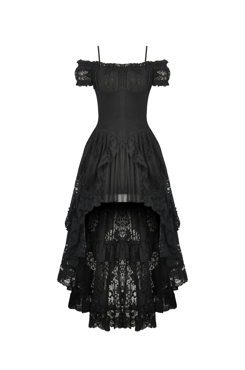 Black lace off-shoulder high-low gothic dress with asymmetrical hem, perfect for dark romance and masquerade events.