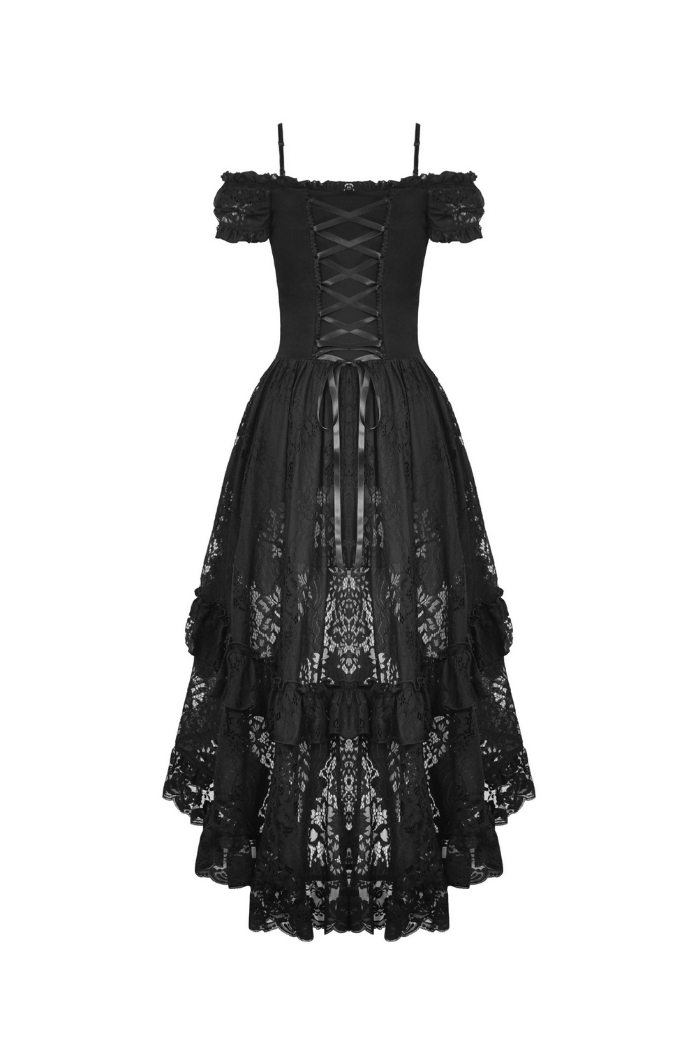 Black off-shoulder lace dress with high-low hem and intricate detailing, perfect for gothic and romantic occasions.